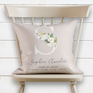 Blush Floral Letter S Monogram Baby Birth Stats Cushion
