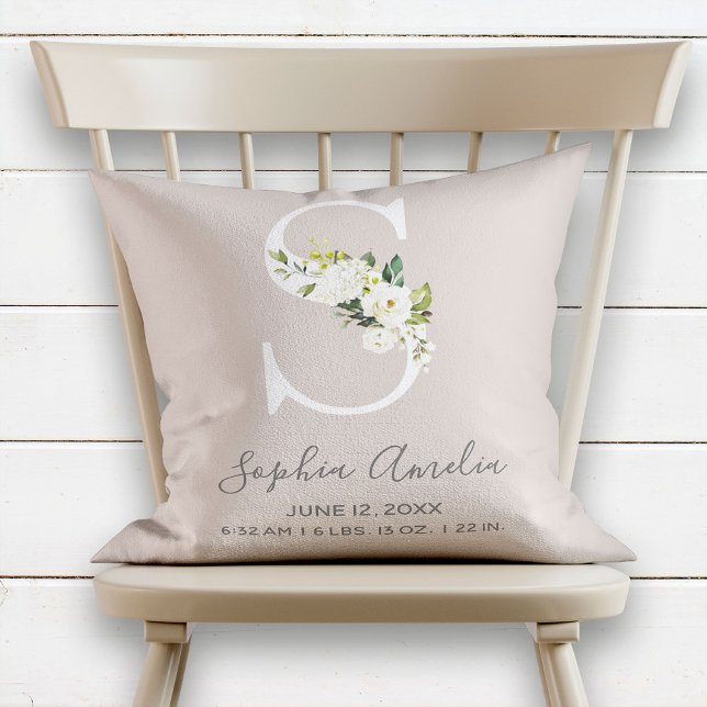 Blush Floral Letter S Monogram Baby Birth Stats Cushion (Creator Uploaded)