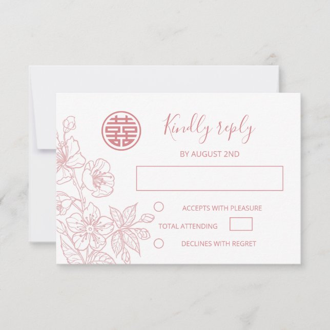 Blush Floral Line Art Chinese Wedding RSVP Card (Front)