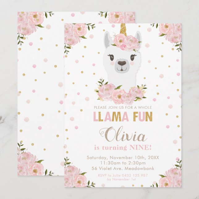 Blush Floral Llama Unicorn Birthday Llamacorn Invitation (Front/Back)