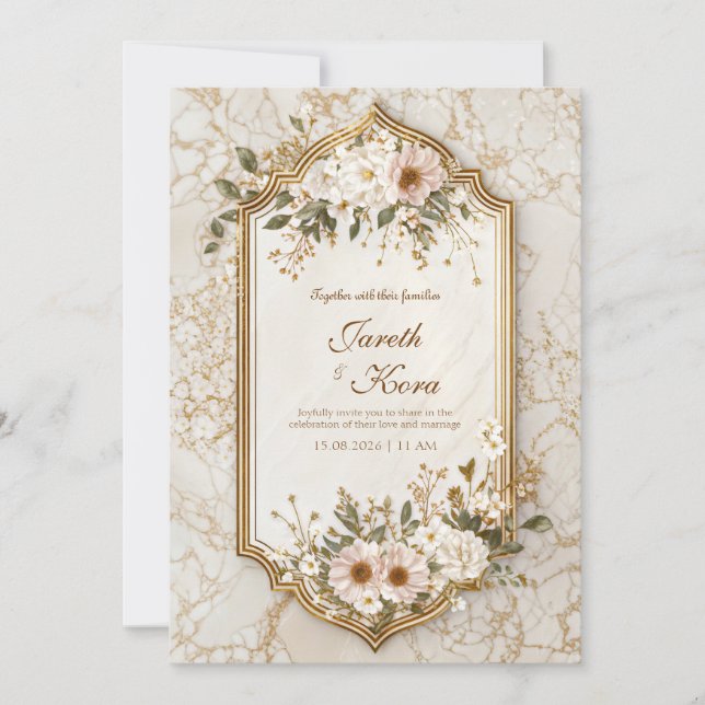 Blush Floral Marble Gilded Frame Wedding Invitation (Front)