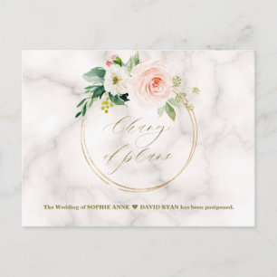 Blush Floral Marble Gold Change Of Plans Wedding Postcard