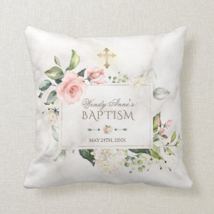 Blush Floral Marble Gold Cross Baptism Monogram Cushion