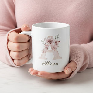 Blush Floral Monogram Feminine Mug - Letter A