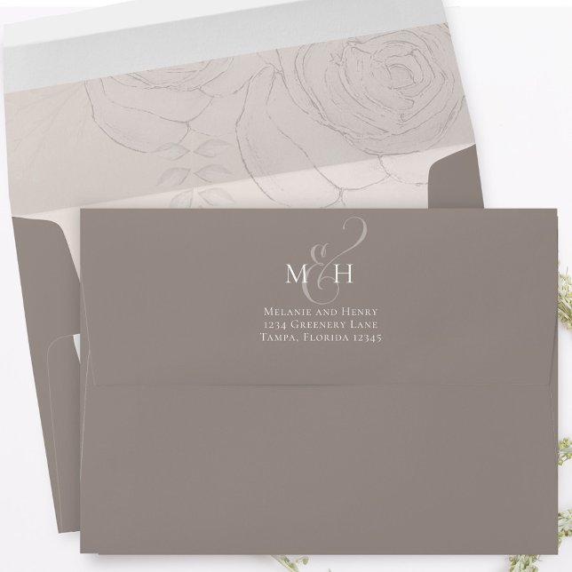 Blush Floral Monogram Return Address Custom Envelope (Simple floral elegant blush and taupe envelope with monogram return address on the back flap)
