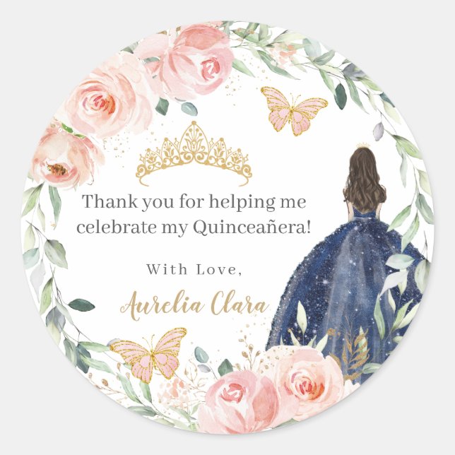 Blush Floral Navy Blue Dress Quinceañera Sweet 16 Classic Round Sticker (Front)