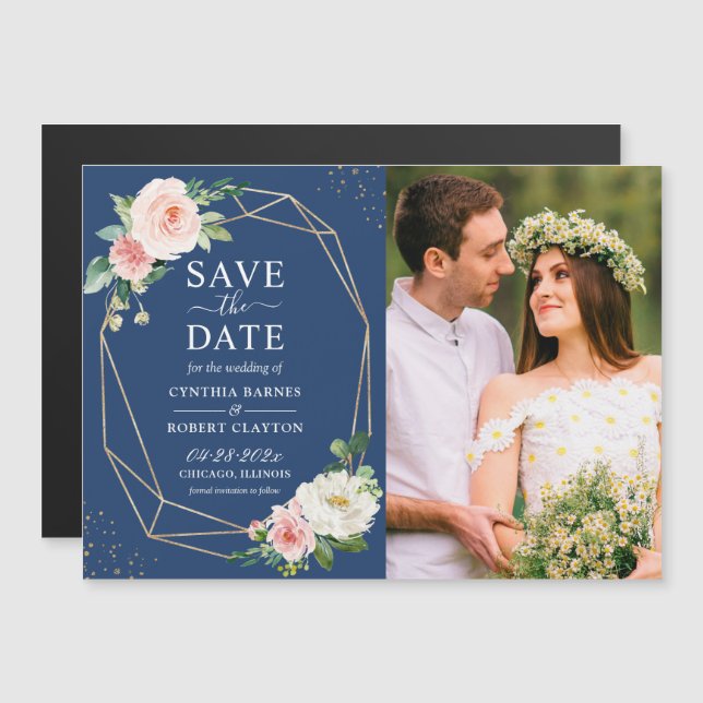 Blush Floral Navy Blue Photo Save the Date Magnet (Front/Back)
