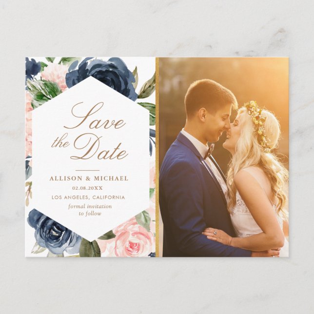 blush floral navy blue photo save the date postcard (Front)