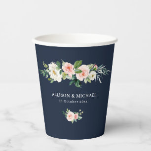 blush floral navy blue wedding paper cups