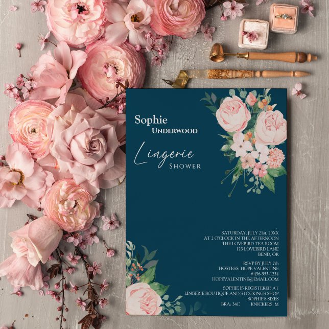 Blush Floral Navy Bridal Lingerie Shower Invitation (Creator Uploaded)