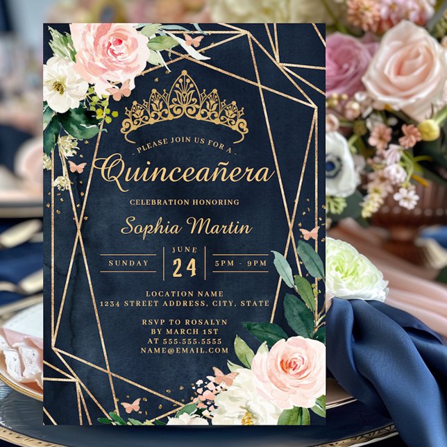 Blush Floral Navy Geometric Butterfly Quinceanera  Invitation (Creator Uploaded)