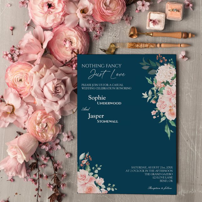 Blush Floral Navy Nothing Fancy Just Love Wedding Invitation (Creator Uploaded)