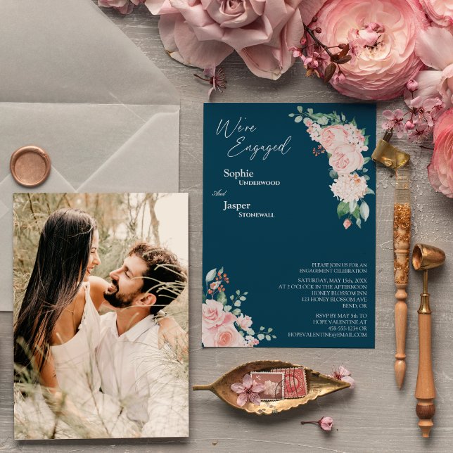 Blush Floral Navy Photo We're Engaged Invitation (Creator Uploaded)