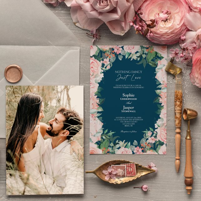 Blush Floral Navy Simple Nothing Fancy Photo Invitation (Creator Uploaded)