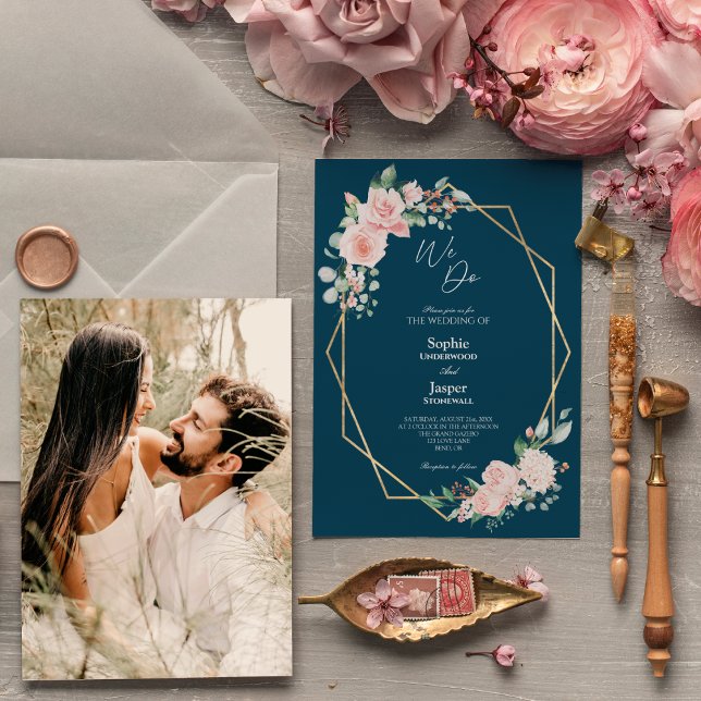 Blush Floral Navy Simple We Do Photo Wedding Invitation (Creator Uploaded)