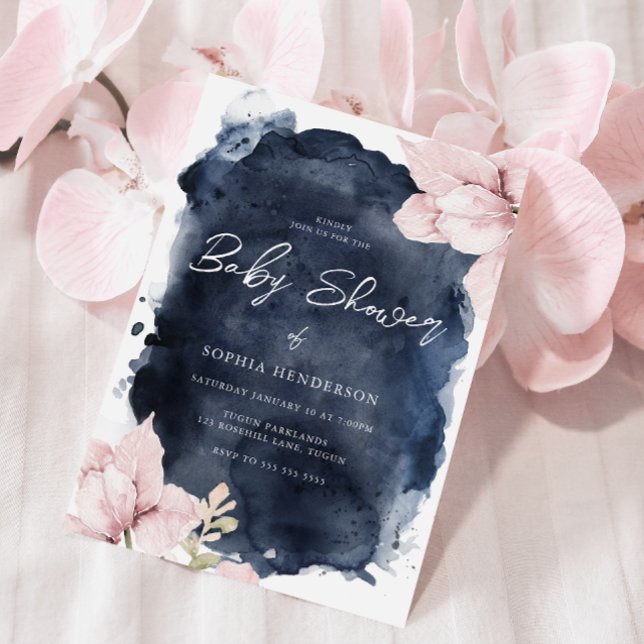 Blush Floral & Navy Watercolor Splash Baby Shower Invitation (Creator Uploaded)