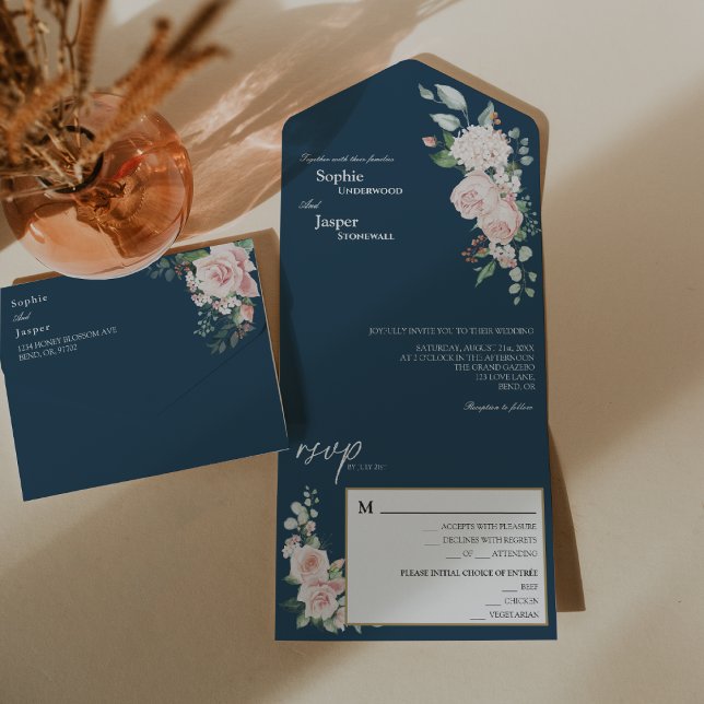 Blush Floral Navy Wedding All In One Invitation (Creator Uploaded)