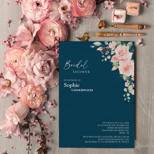 Blush Floral Navy Wedding Bridal Shower Invitation (Creator Uploaded)