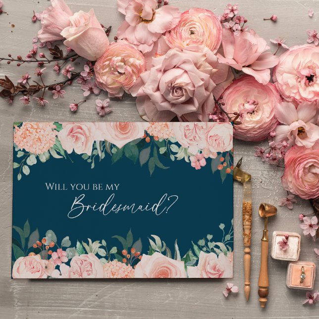 Blush Floral Navy Wedding Bridesmaid Proposal Invitation (Creator Uploaded)