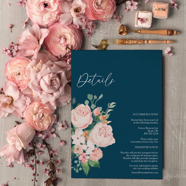 Blush Floral Navy Wedding Details Enclosure Card (Creator Uploaded)