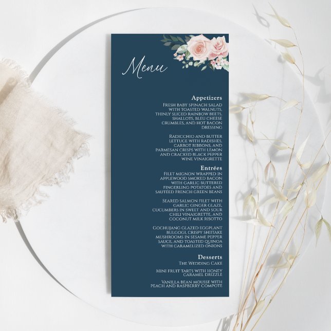 Blush Floral Navy Wedding Flat Menu (Creator Uploaded)