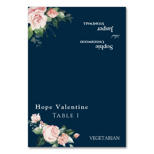 Blush Floral Navy Wedding Foldable Place Card (Front)