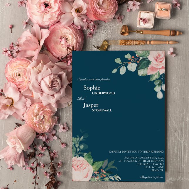 Blush Floral Navy Wedding Invitation (Creator Uploaded)