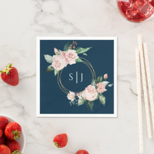 Blush Floral Navy Wedding Monogram Napkins