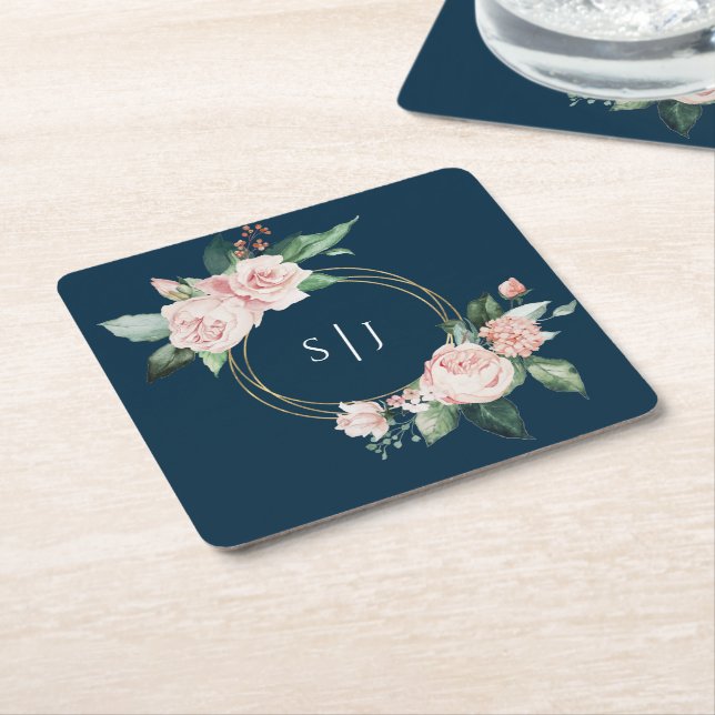 Blush Floral Navy Wedding Monogram Square Paper Coaster (Angled)