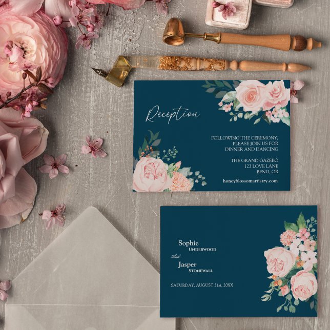 Blush Floral Navy Wedding Reception Enclosure Card (Creator Uploaded)