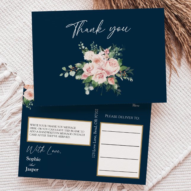 Blush Floral Navy Wedding Thank You Postcard (Creator Uploaded)