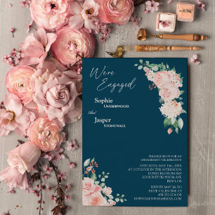 Blush Floral Navy We're Engaged Invitation