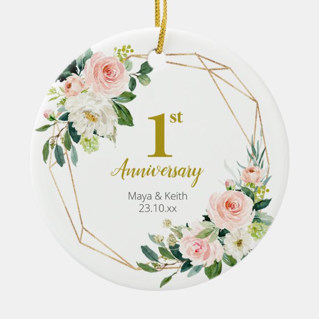 Blush Floral Our First Anniversary Ceramic Ornament (Front)