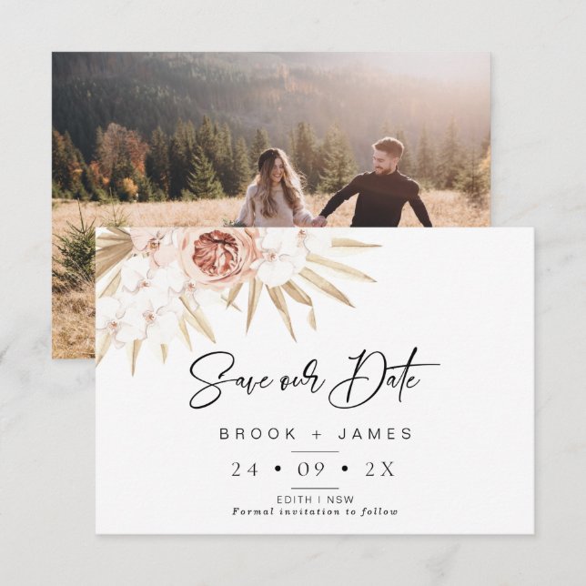 Blush Floral Palm Boho Wedding Save The Date Card (Front/Back)