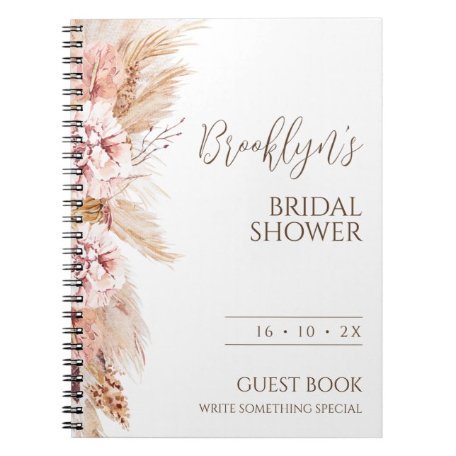 Blush Floral Pampas Bridal Shower Guest Notebook (Front)