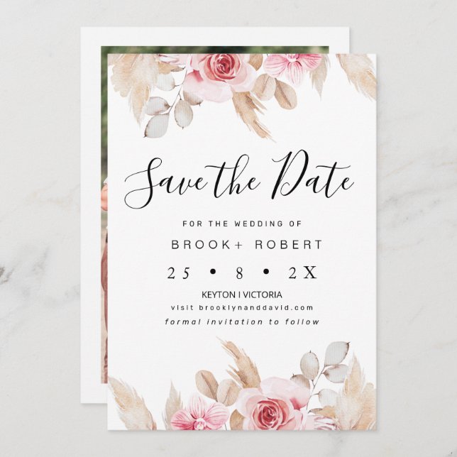 Blush Floral Pampas Wedding Save The Date Card (Front/Back)