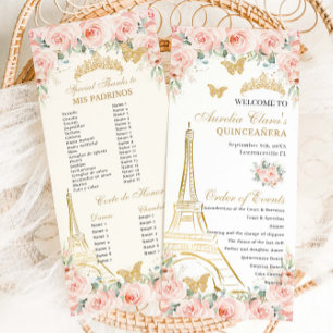 Blush Floral Paris Eiffel Champagne Quinceañera Program