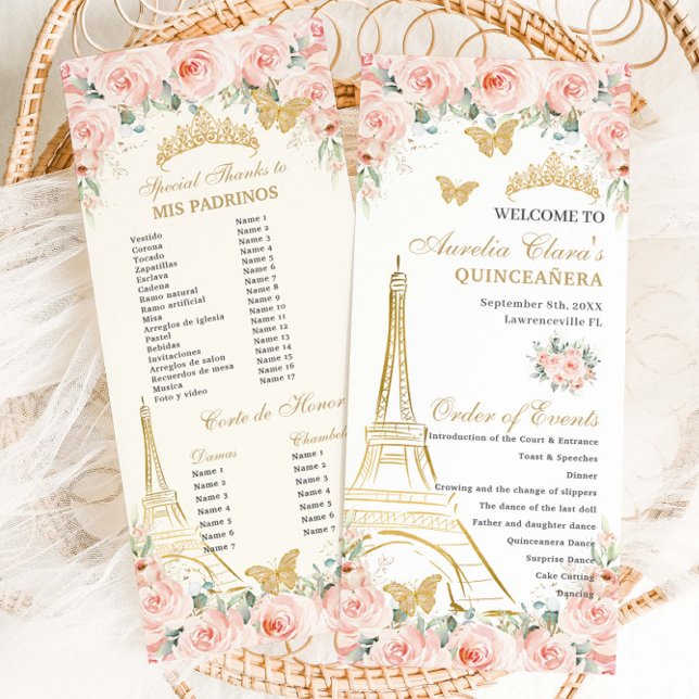 Blush Floral Paris Eiffel Champagne Quinceañera Program (Creator Uploaded)