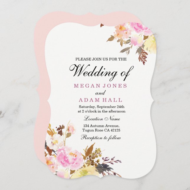 Blush Floral Peachy Autumn Fall Wedding Invitation (Front/Back)
