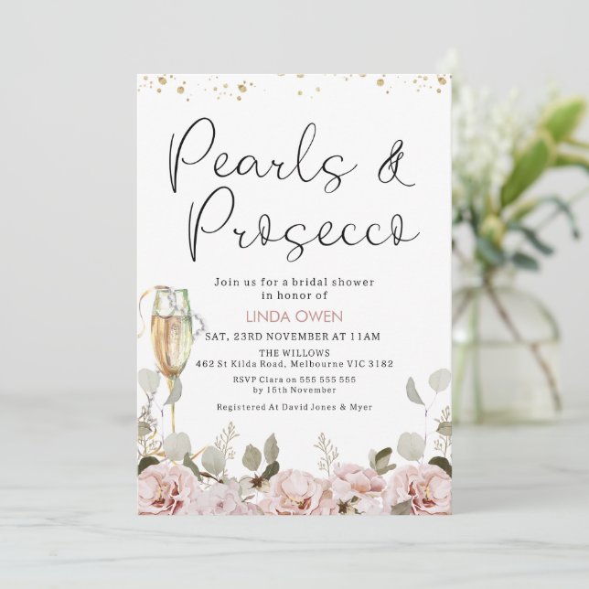 Blush Floral Pearls and Prosecco Bridal Shower Invitation (Standing Front)