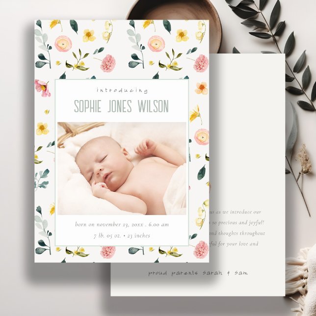 Blush Floral Photo Baby Girl Birth Announcement (Creator Uploaded)