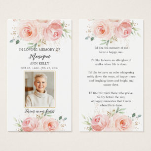 Blush Floral Photo Funeral Memorial Bookmark