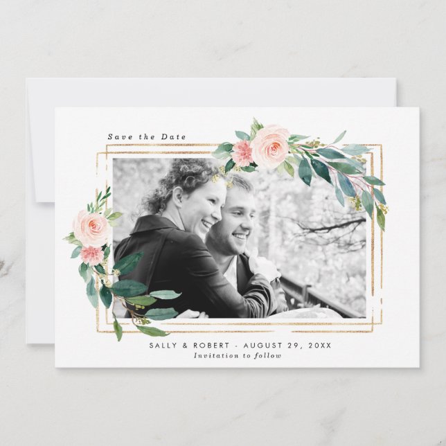 blush floral photo wedding save the date card (Front)