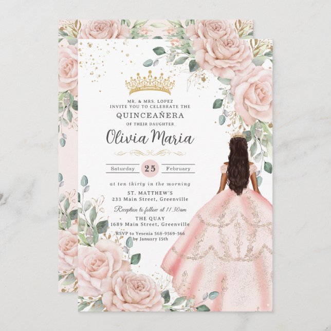 Blush Floral Pink Dress Princess Gown Quinceañera Invitation (Front/Back)