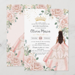Blush Floral Pink Dress Princess Gown Quinceañera Invitation