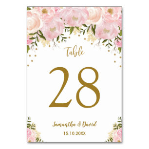 Blush Floral Pink Gold Wedding Table Number