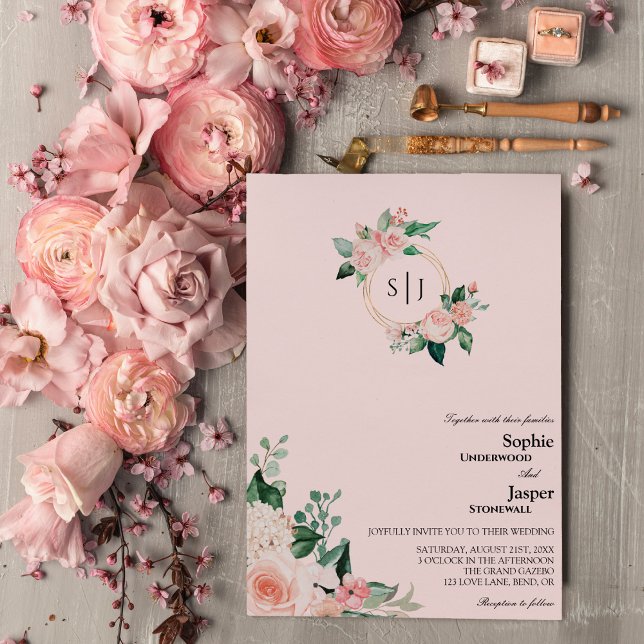 Blush Floral Pink Monogram Wedding Invitation (Creator Uploaded)