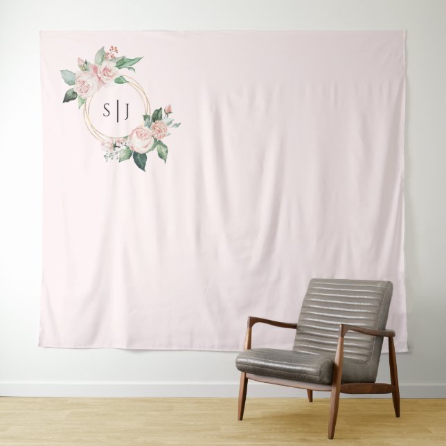 Blush Floral Pink Monogram Wedding Photo Backdrop Tapestry (In Situ (Horizontal))
