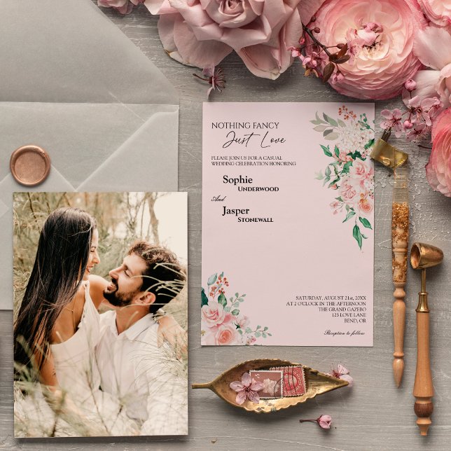 Blush Floral Pink Nothing Fancy Photo Wedding Invitation (Creator Uploaded)