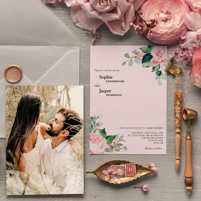Blush Floral Pink Photo Wedding Invitation (Creator Uploaded)